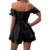 imageLYANER Womens Off Shoulder Wrap Tie Up Back Ruffle Short Sleeve Romper Short JumpsuitBlack
