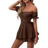 imageLYANER Womens Off Shoulder Wrap Tie Up Back Ruffle Short Sleeve Romper Short JumpsuitBrown