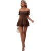 imageLYANER Womens Off Shoulder Wrap Tie Up Back Ruffle Short Sleeve Romper Short JumpsuitBrown