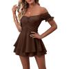 imageLYANER Womens Off Shoulder Wrap Tie Up Back Ruffle Short Sleeve Romper Short JumpsuitBrown