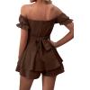 imageLYANER Womens Off Shoulder Wrap Tie Up Back Ruffle Short Sleeve Romper Short JumpsuitBrown