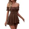 imageLYANER Womens Off Shoulder Wrap Tie Up Back Ruffle Short Sleeve Romper Short JumpsuitBrown