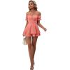 imageLYANER Womens Off Shoulder Wrap Tie Up Back Ruffle Short Sleeve Romper Short JumpsuitCoral Pink