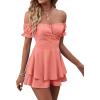 imageLYANER Womens Off Shoulder Wrap Tie Up Back Ruffle Short Sleeve Romper Short JumpsuitCoral Pink
