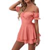 imageLYANER Womens Off Shoulder Wrap Tie Up Back Ruffle Short Sleeve Romper Short JumpsuitCoral Pink