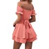 imageLYANER Womens Off Shoulder Wrap Tie Up Back Ruffle Short Sleeve Romper Short JumpsuitCoral Pink