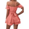 imageLYANER Womens Off Shoulder Wrap Tie Up Back Ruffle Short Sleeve Romper Short JumpsuitCoral Pink
