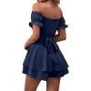 imageLYANER Womens Off Shoulder Wrap Tie Up Back Ruffle Short Sleeve Romper Short JumpsuitDeep Blue
