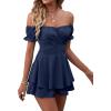 imageLYANER Womens Off Shoulder Wrap Tie Up Back Ruffle Short Sleeve Romper Short JumpsuitDeep Blue