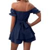 imageLYANER Womens Off Shoulder Wrap Tie Up Back Ruffle Short Sleeve Romper Short JumpsuitDeep Blue