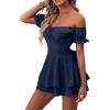 imageLYANER Womens Off Shoulder Wrap Tie Up Back Ruffle Short Sleeve Romper Short JumpsuitDeep Blue