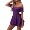 imageLYANER Womens Off Shoulder Wrap Tie Up Back Ruffle Short Sleeve Romper Short JumpsuitDeep Purple
