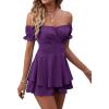 imageLYANER Womens Off Shoulder Wrap Tie Up Back Ruffle Short Sleeve Romper Short JumpsuitDeep Purple