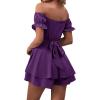 imageLYANER Womens Off Shoulder Wrap Tie Up Back Ruffle Short Sleeve Romper Short JumpsuitDeep Purple