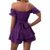 imageLYANER Womens Off Shoulder Wrap Tie Up Back Ruffle Short Sleeve Romper Short JumpsuitDeep Purple