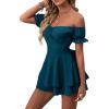 imageLYANER Womens Off Shoulder Wrap Tie Up Back Ruffle Short Sleeve Romper Short JumpsuitDeep Teal