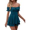 imageLYANER Womens Off Shoulder Wrap Tie Up Back Ruffle Short Sleeve Romper Short JumpsuitDeep Teal