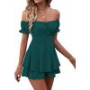 imageLYANER Womens Off Shoulder Wrap Tie Up Back Ruffle Short Sleeve Romper Short JumpsuitDeep Teal Green