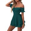 imageLYANER Womens Off Shoulder Wrap Tie Up Back Ruffle Short Sleeve Romper Short JumpsuitDeep Teal Green