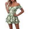 imageLYANER Womens Off Shoulder Wrap Tie Up Back Ruffle Short Sleeve Romper Short JumpsuitFloral Green Leaves