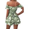imageLYANER Womens Off Shoulder Wrap Tie Up Back Ruffle Short Sleeve Romper Short JumpsuitFloral Green Leaves