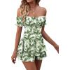 imageLYANER Womens Off Shoulder Wrap Tie Up Back Ruffle Short Sleeve Romper Short JumpsuitFloral Green Leaves
