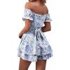 imageLYANER Womens Off Shoulder Wrap Tie Up Back Ruffle Short Sleeve Romper Short JumpsuitFloral Light Blue