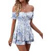imageLYANER Womens Off Shoulder Wrap Tie Up Back Ruffle Short Sleeve Romper Short JumpsuitFloral Light Blue