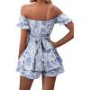 imageLYANER Womens Off Shoulder Wrap Tie Up Back Ruffle Short Sleeve Romper Short JumpsuitFloral Light Blue