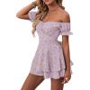 imageLYANER Womens Off Shoulder Wrap Tie Up Back Ruffle Short Sleeve Romper Short JumpsuitFloral Light Purple