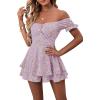 imageLYANER Womens Off Shoulder Wrap Tie Up Back Ruffle Short Sleeve Romper Short JumpsuitFloral Light Purple