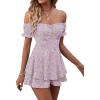 imageLYANER Womens Off Shoulder Wrap Tie Up Back Ruffle Short Sleeve Romper Short JumpsuitFloral Light Purple