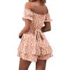 imageLYANER Womens Off Shoulder Wrap Tie Up Back Ruffle Short Sleeve Romper Short JumpsuitFloral Light Red