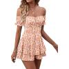 imageLYANER Womens Off Shoulder Wrap Tie Up Back Ruffle Short Sleeve Romper Short JumpsuitFloral Light Red