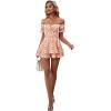 imageLYANER Womens Off Shoulder Wrap Tie Up Back Ruffle Short Sleeve Romper Short JumpsuitFloral Light Red