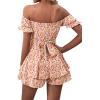 imageLYANER Womens Off Shoulder Wrap Tie Up Back Ruffle Short Sleeve Romper Short JumpsuitFloral Light Red