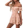 imageLYANER Womens Off Shoulder Wrap Tie Up Back Ruffle Short Sleeve Romper Short JumpsuitFloral Light Red