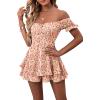imageLYANER Womens Off Shoulder Wrap Tie Up Back Ruffle Short Sleeve Romper Short JumpsuitFloral Light Red