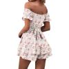 imageLYANER Womens Off Shoulder Wrap Tie Up Back Ruffle Short Sleeve Romper Short JumpsuitFloral Pink
