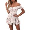 imageLYANER Womens Off Shoulder Wrap Tie Up Back Ruffle Short Sleeve Romper Short JumpsuitFloral Pink