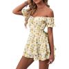imageLYANER Womens Off Shoulder Wrap Tie Up Back Ruffle Short Sleeve Romper Short JumpsuitFloral Yellow