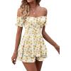imageLYANER Womens Off Shoulder Wrap Tie Up Back Ruffle Short Sleeve Romper Short JumpsuitFloral Yellow