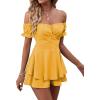 imageLYANER Womens Off Shoulder Wrap Tie Up Back Ruffle Short Sleeve Romper Short JumpsuitGinger