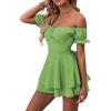 imageLYANER Womens Off Shoulder Wrap Tie Up Back Ruffle Short Sleeve Romper Short JumpsuitGrass Green