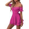 imageLYANER Womens Off Shoulder Wrap Tie Up Back Ruffle Short Sleeve Romper Short JumpsuitHot Pink