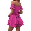 imageLYANER Womens Off Shoulder Wrap Tie Up Back Ruffle Short Sleeve Romper Short JumpsuitHot Pink