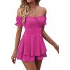 imageLYANER Womens Off Shoulder Wrap Tie Up Back Ruffle Short Sleeve Romper Short JumpsuitHot Pink