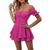 imageLYANER Womens Off Shoulder Wrap Tie Up Back Ruffle Short Sleeve Romper Short JumpsuitHot Pink