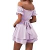 imageLYANER Womens Off Shoulder Wrap Tie Up Back Ruffle Short Sleeve Romper Short JumpsuitLavender