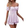 imageLYANER Womens Off Shoulder Wrap Tie Up Back Ruffle Short Sleeve Romper Short JumpsuitLavender